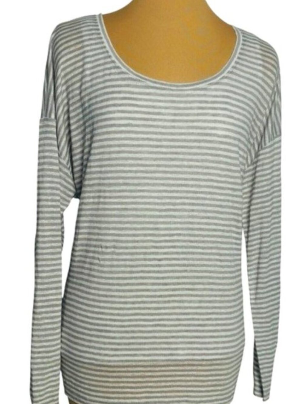 Eileen Fisher Gray White Stripe Long Sleeve Scoop Neck Top Medium
